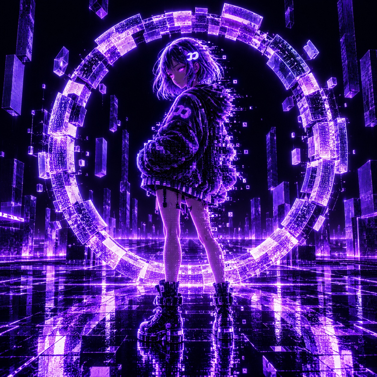 Fomo Chan standing inside a ring of modular data blocks