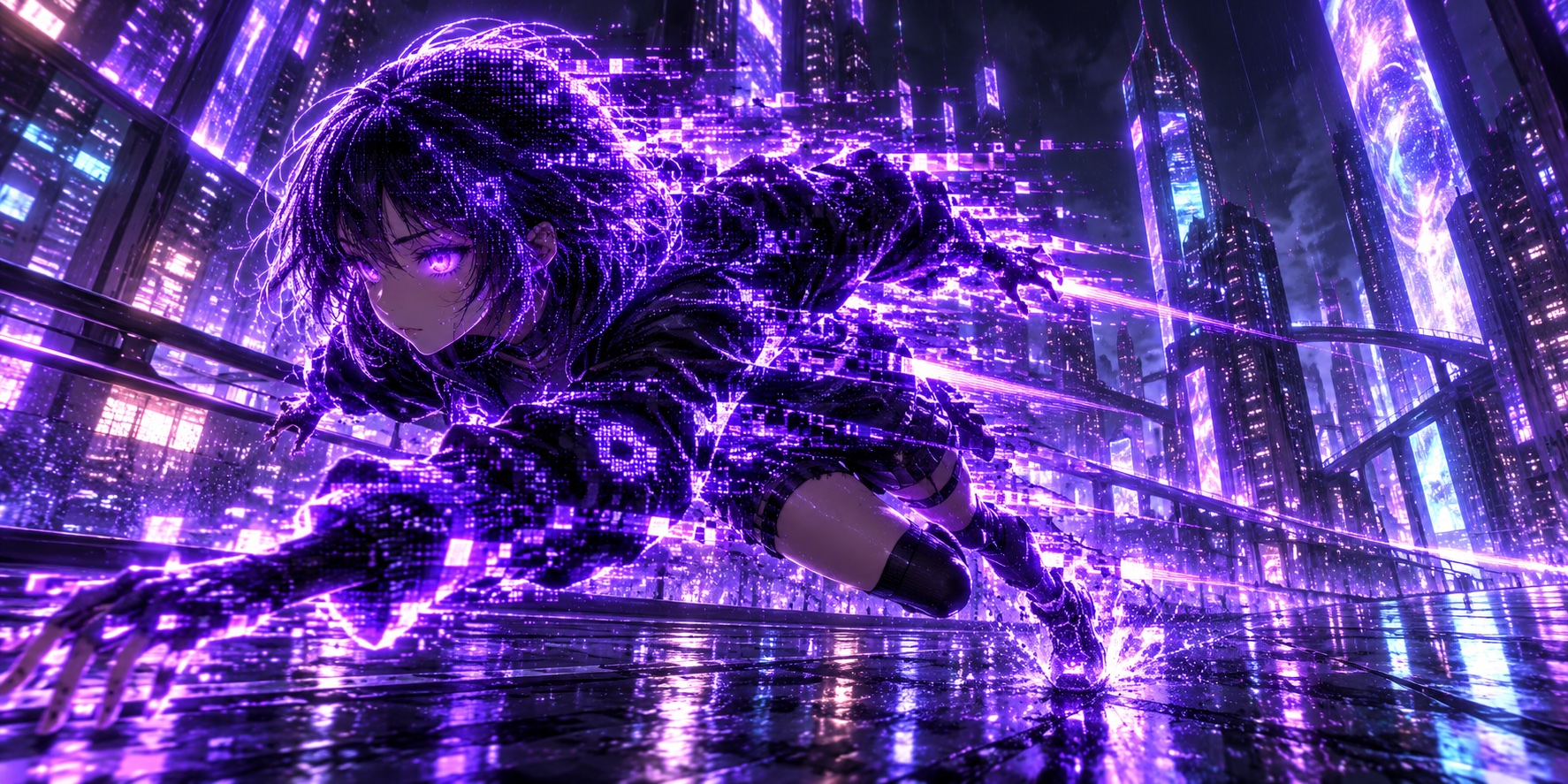 Fomo Chan accelerating through a neon city